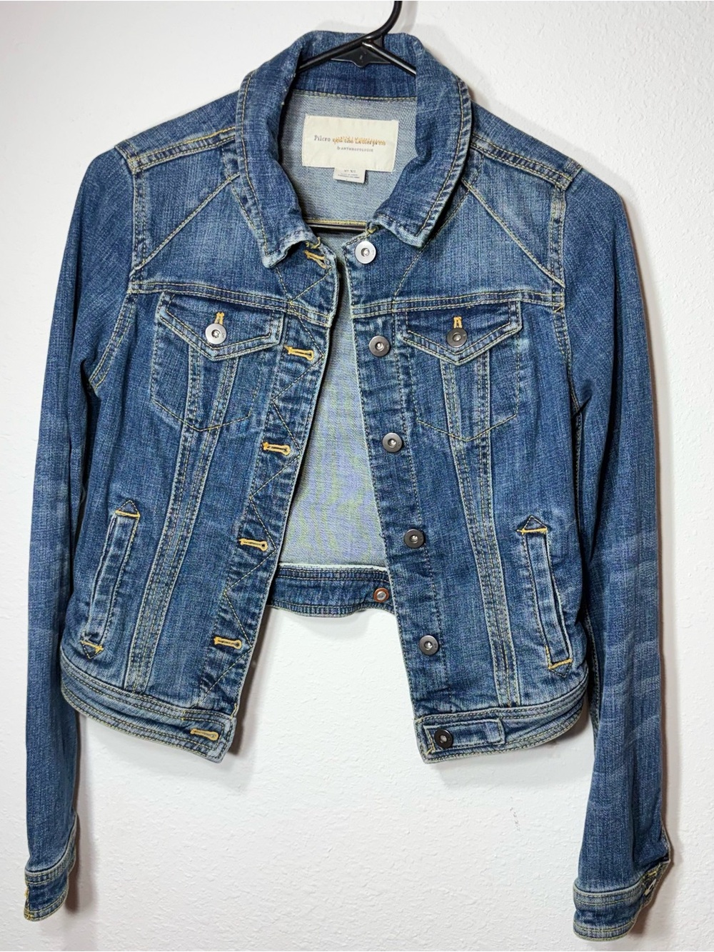 Anthropologie Pilcro & Letterpress Denim MediumWash Distressed Trucker Jacket-XS